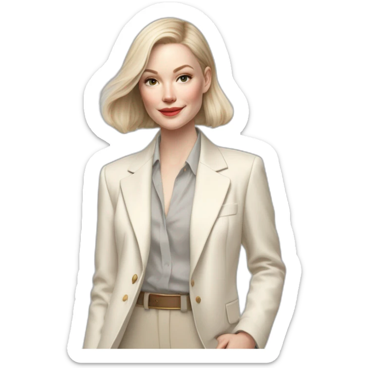 pale skin woman with ash blonde Straightened bob Hair, White Spacious classical jacket, beige palazzo Arrow pants and gray blouse holding white IPhone 15 pro in the hands sticker