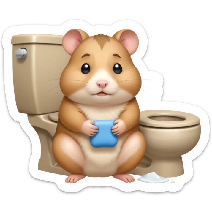 Cute chubby cartoon-style hamster sitting on toilet pooping looking as if he had an accident sticker