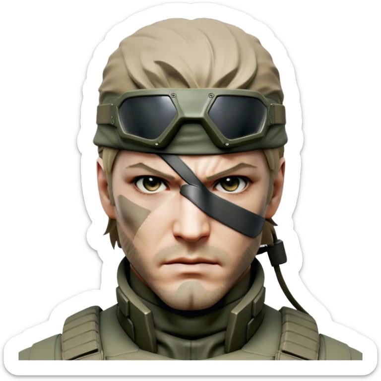 Cinematic Realistic Metal Gear Solid Snake Soldier Portrait, head tilted epicly and inquisitively, showcasing a commanding presence and tactical acumen. His weathered face, intense eyes, and meticulously rendered combat gear in muted earth tones are brought to life with lifelike clarity and dramatic lighting, high shine, epic and awe-inspiring, embodying the covert prowess of a true warrior of the shadows. sticker