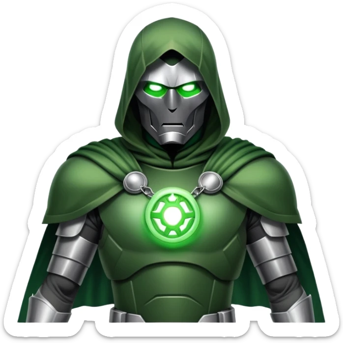 Doctor Doom in full body stance with intense glowing green eyes shining through mask sticker