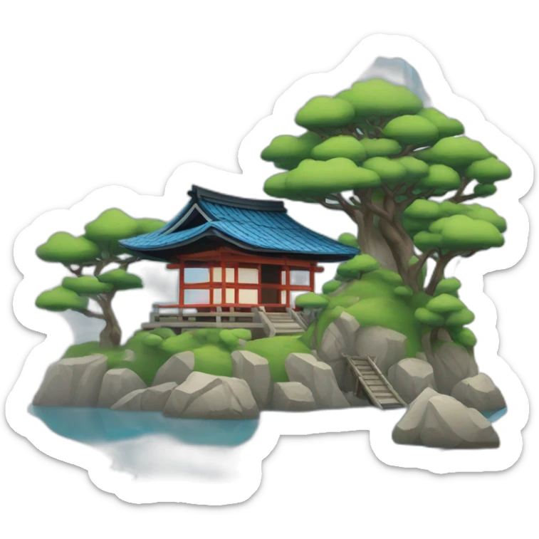A lakeside island with a shinto shrine and small Japanese house with a blue tiled roof sticker