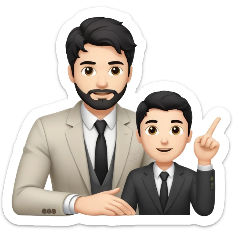 Professional 35-year-old man with black wavy hair, stubble, strong jawline, white skin tone, wearing smart casual business attire, sitting across from a young professional, providing one-on-one mentorship, gesturing with supportive and guiding expression sticker