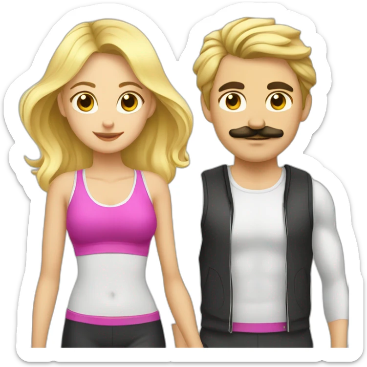 Blond girl going to the gym with a dark haired guy with a moustache  sticker