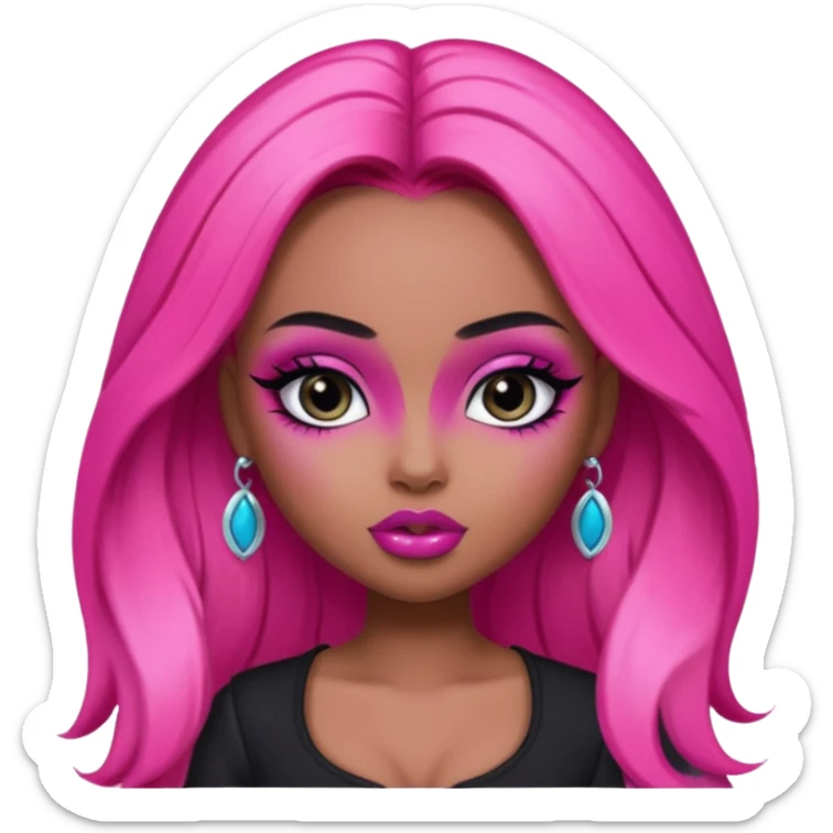 pretty bratz baddie, pretty black makeup, hot pink long hair, pretty sticker