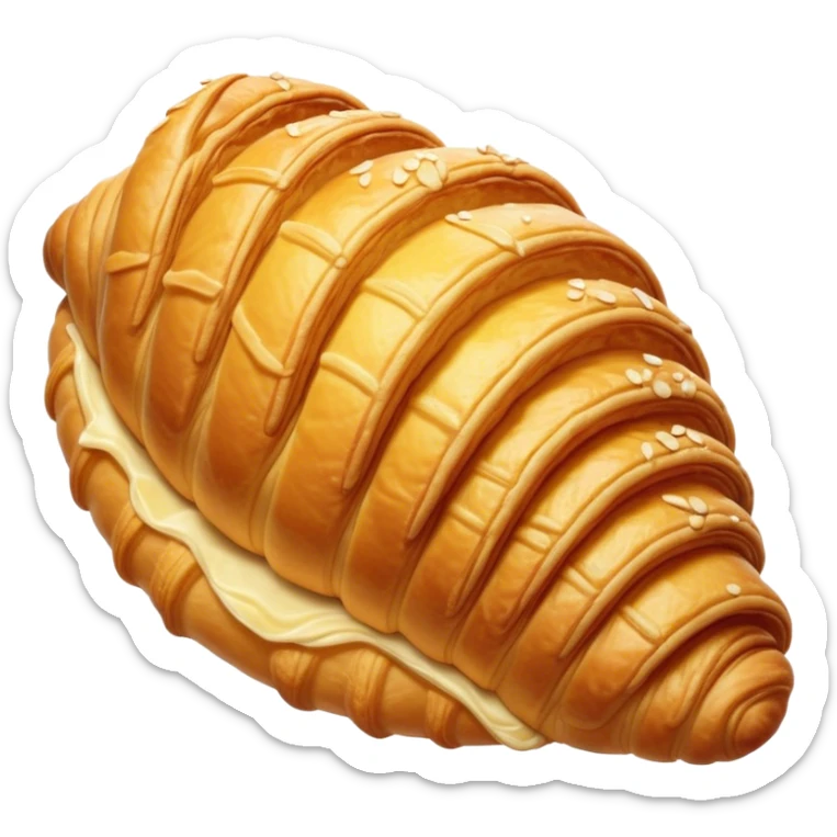 Cinematic golden croissant, perfectly flaky with crisp layers, slightly cracked to reveal buttery soft interior, warm golden glow, highly detailed and inviting. sticker