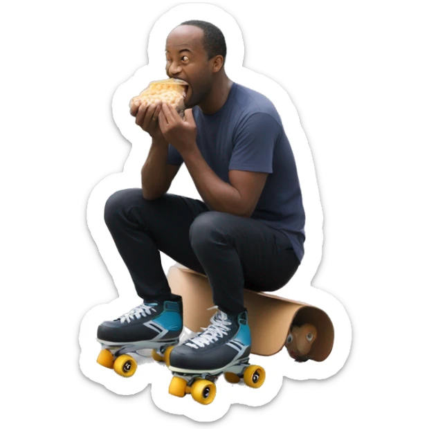 Man eatting loads of food on quad skates sticker