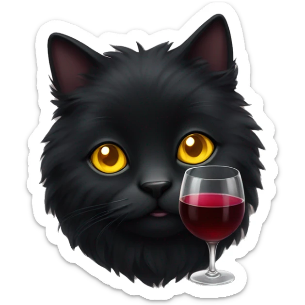 Black fluffy cat with yellow eyes and with glass of wine  sticker
