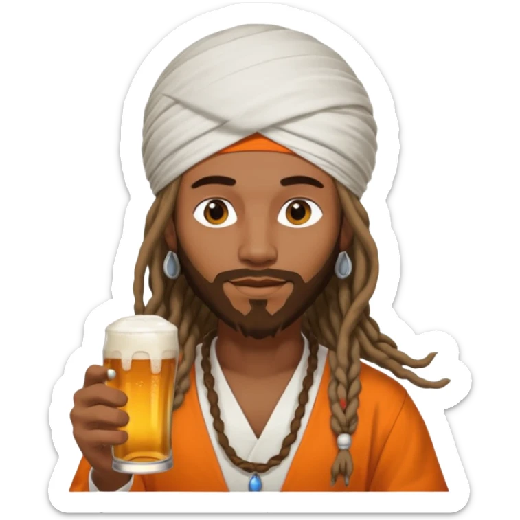 Brownskin man with long dreadlocks add a white turban on his head orange shirt drinking bear sticker
