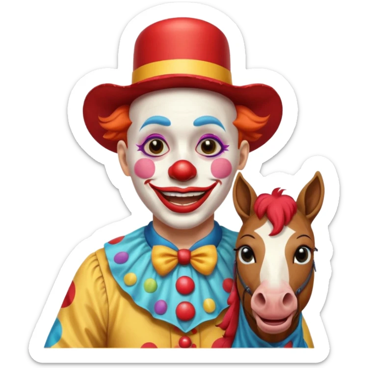 a crying but smiling and showing a peace sign clown face riding a horse sticker