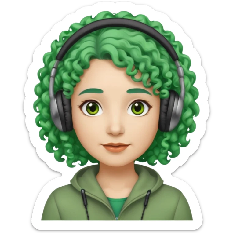 green haired earringed heaphone wearing middle aged woman very very curly long haired and hazel small eyes sticker