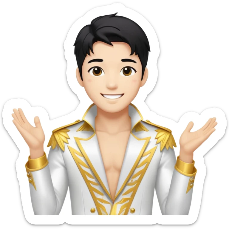 K-pop male idol with black hair, smiling face, wearing flashy stage costume sticker