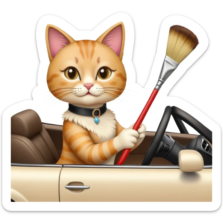 A cat with high heels and can drive a car and likes to do art sticker