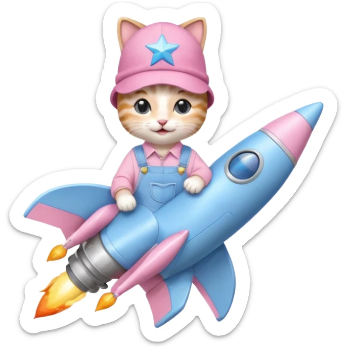 cute kitten wearing pastel blue denim overalls, pastel blue sneakers, pastel pink hat with a star in the center, sitting on a rocket, smiling sweetly, charming emoji style sticker