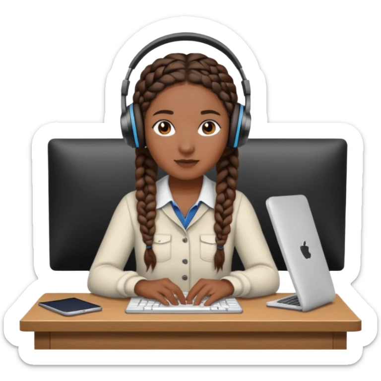 realistic dark brown skinned female with braids leaving desk with headphones on sticker