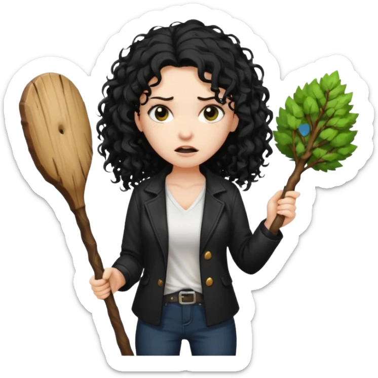 Hey, please generate me an emoji that depicts a woman white skin long black curly disheveled hair slightly thicker, she is wearing a white T-shirt and a black unbuttoned jacket she is furious she is holding a large wooden stick from a tree in her hands sticker