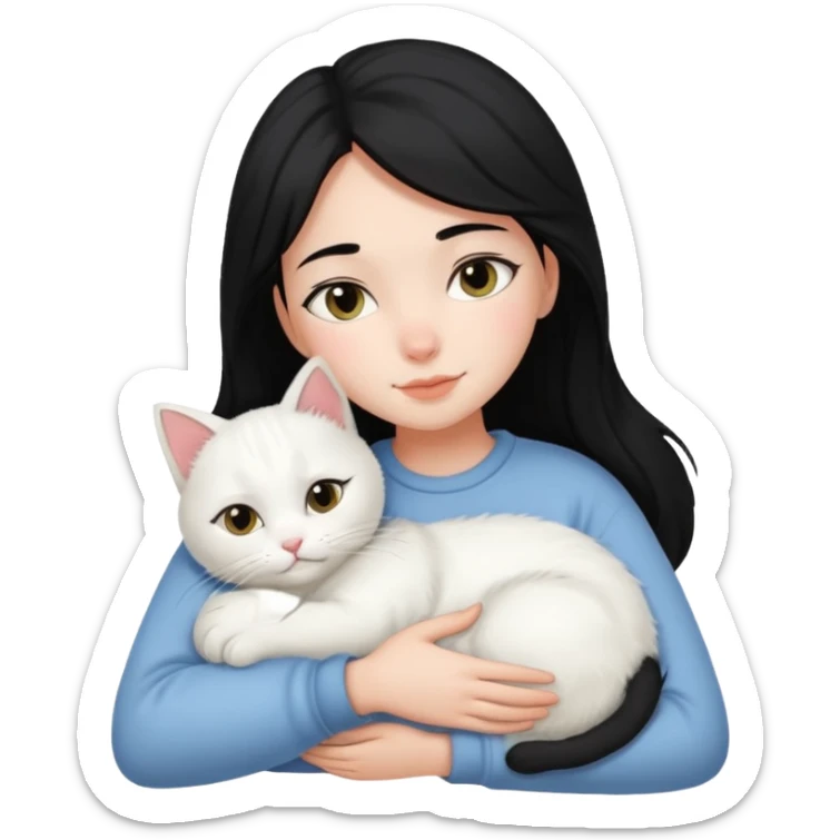 black-hair-girl snuggle with white cat sticker