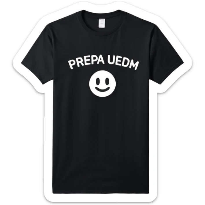black short-sleeve T-shirt with the words “prepa udem” printed in small white text on the chest. The shirt has a simple, casual fit and a clean, minimalist look. sticker
