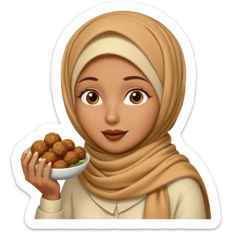 woman wearing a cream colored pashmina hijab eating meatballs sticker