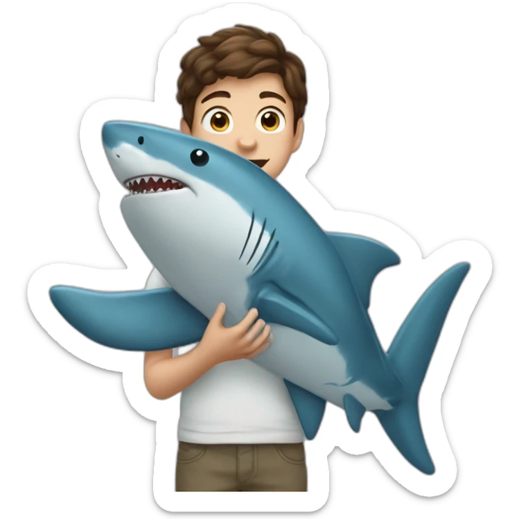 a 12-year-old boy with brown hair holds a large stuffed shark toy in his hands sticker