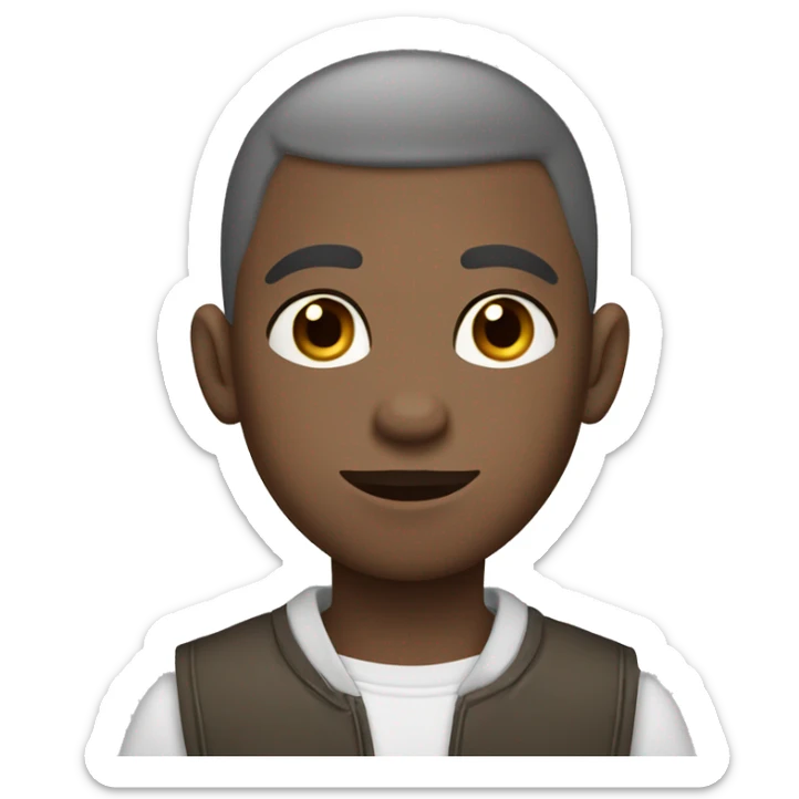 boy with buzzcut, with gray donkey ears, brown eyes, cross-eyed, wearing collar sticker