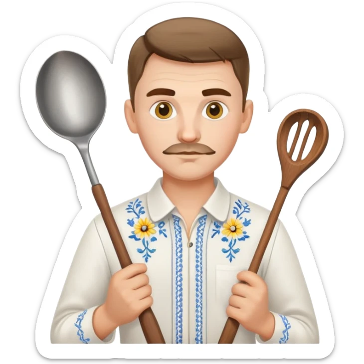 Ukrainian man in traditional white embroidered shirt holding a ladle and kitchen shears sticker