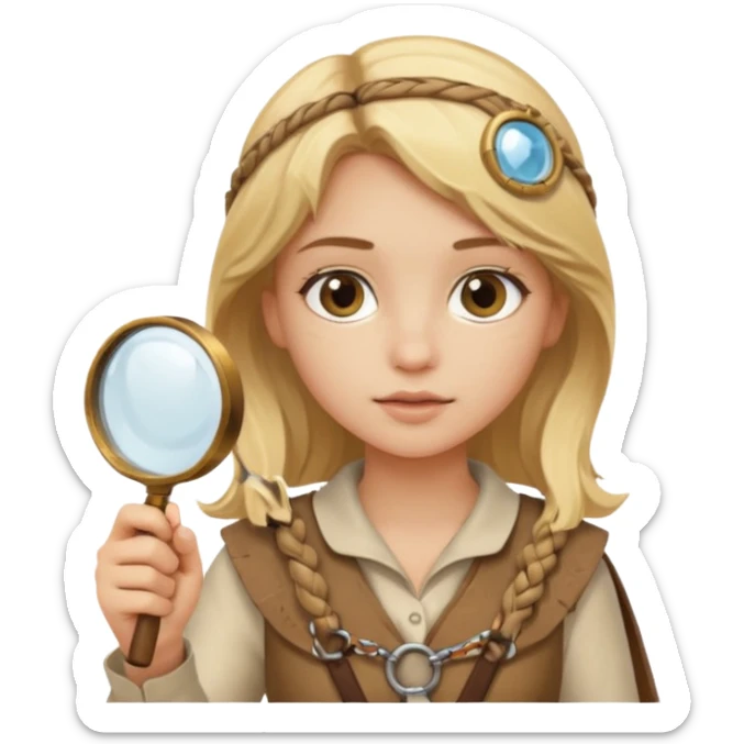 blonde haired girl in archaeological outfit, holding magnifying glass sticker