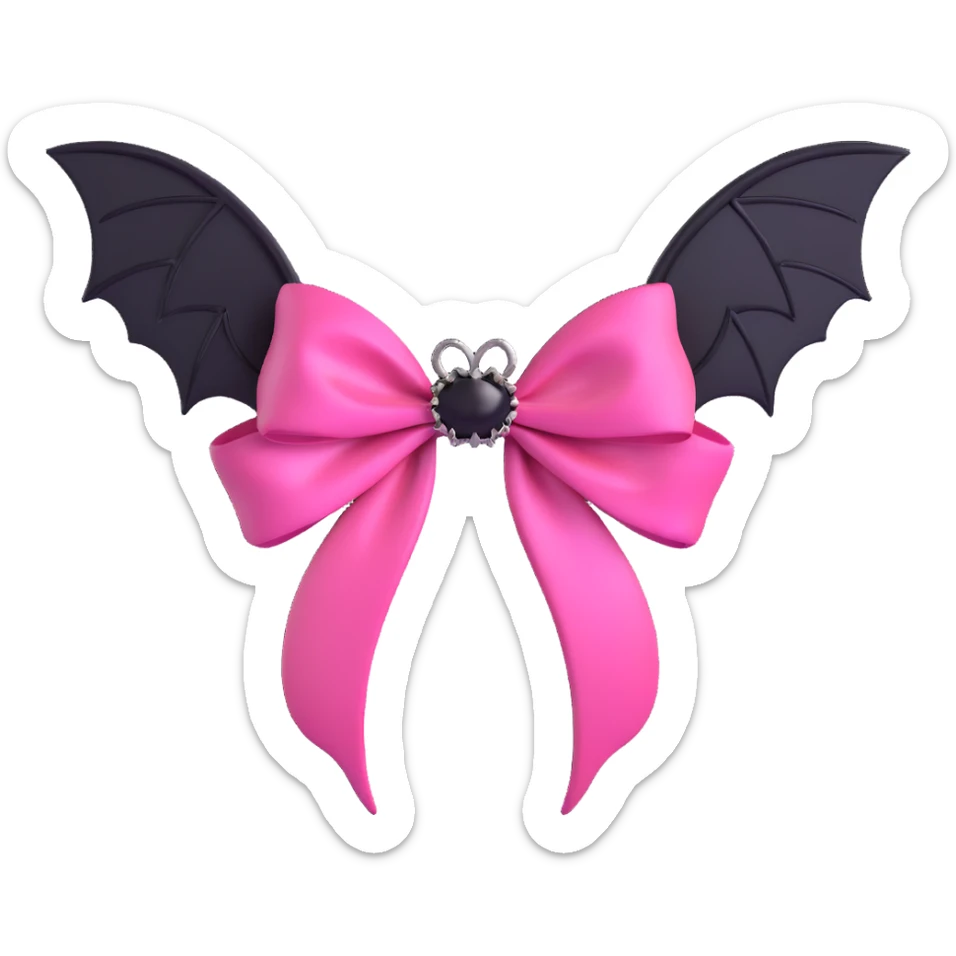 3D emoji style pink bow with gothic effect, hot pink satin, black bat wing accents, and silver chain details sticker