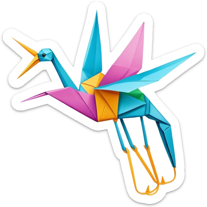 Paper crafting icon, origami crane, folded paper shapes, scissors, vibrant paper, clean folds, minimalistic style, transparent background. sticker
