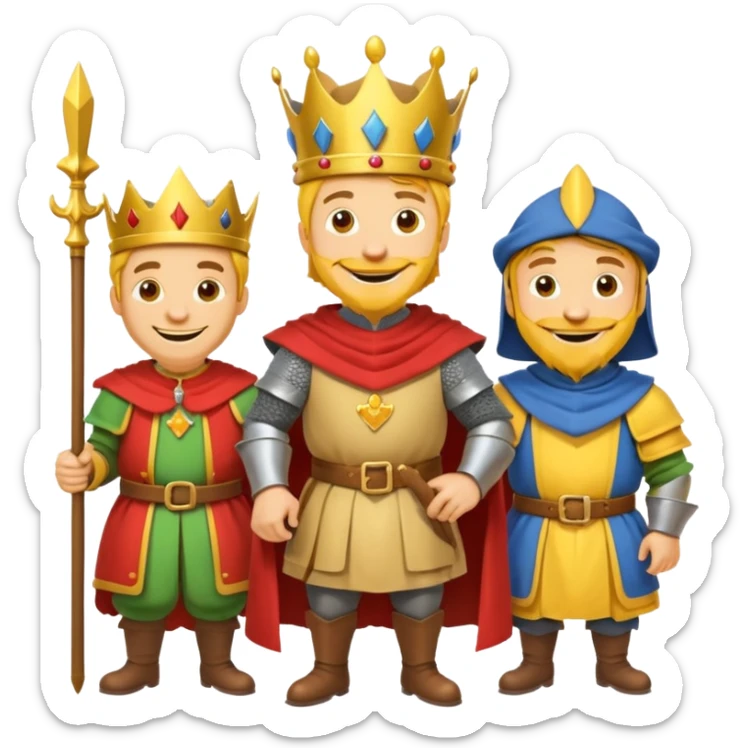 fait moi un Roi 1 Connétable un Chevalier un paysan et un Bouffon avec le style graphique cartoon et personnage jaune sticker