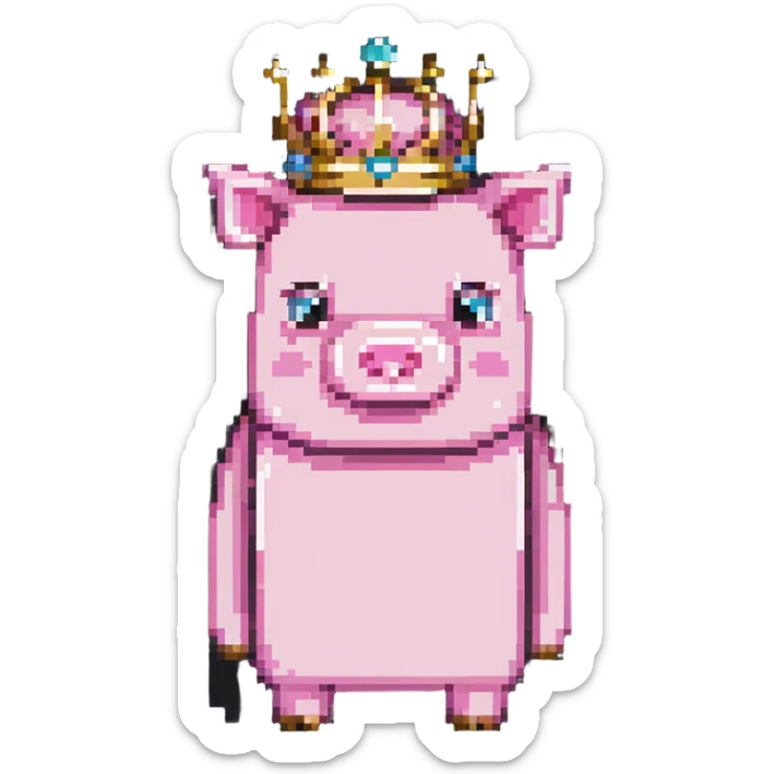full body pink blocky pig with square head and square body wearing a crown sticker