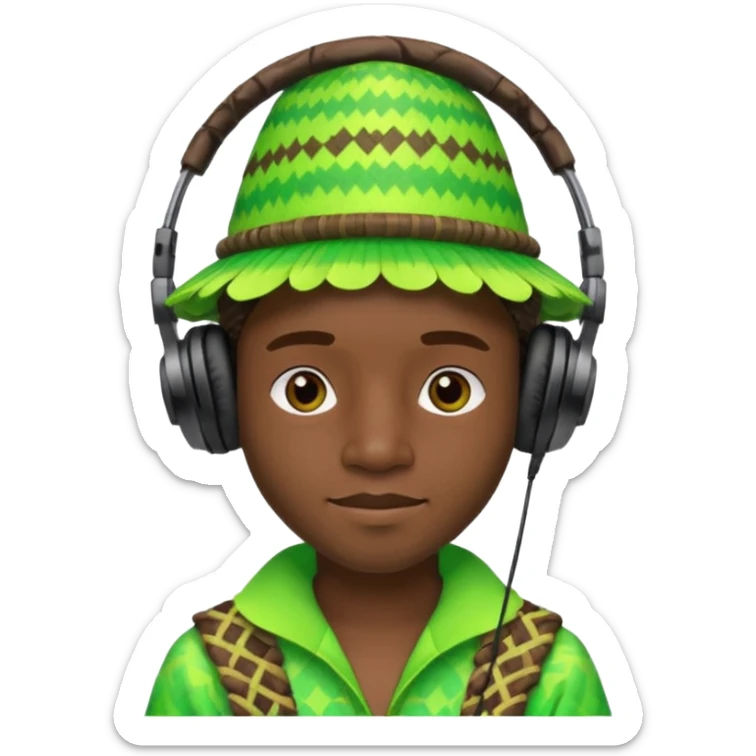 Create me an emoji of a cool Young Nigerian prince wearing a neon green gradient African patterns with  a hula hat (a Nigerian-inspired hat) and wearing cool headphones. sticker