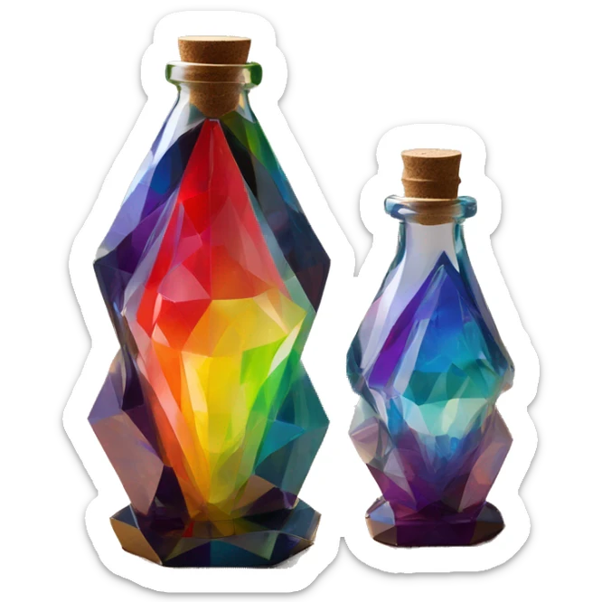 symbolic all-energies in a bottle sculpture symbolizing chromatic light with a geometric, faceted design. The bottle is standing upright with angular and baroque features. The vibrant rainbow of colors highlights the sharp edges and planes.  sticker