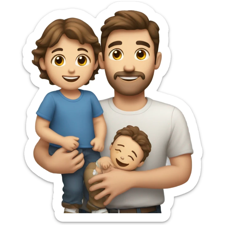 Happy brown haired dad holding a small boy, small girl, and baby boy sticker