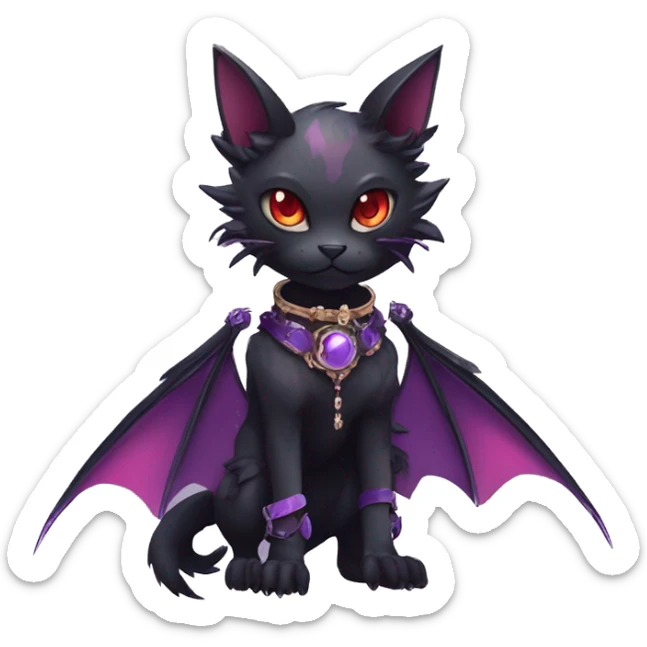 cool kawaii edgy evil black purple red ethereal fantasy beautiful elegant nargacuga-bat-cat-Fakemon wearing legs spats a collar harness with jewelries full body sticker