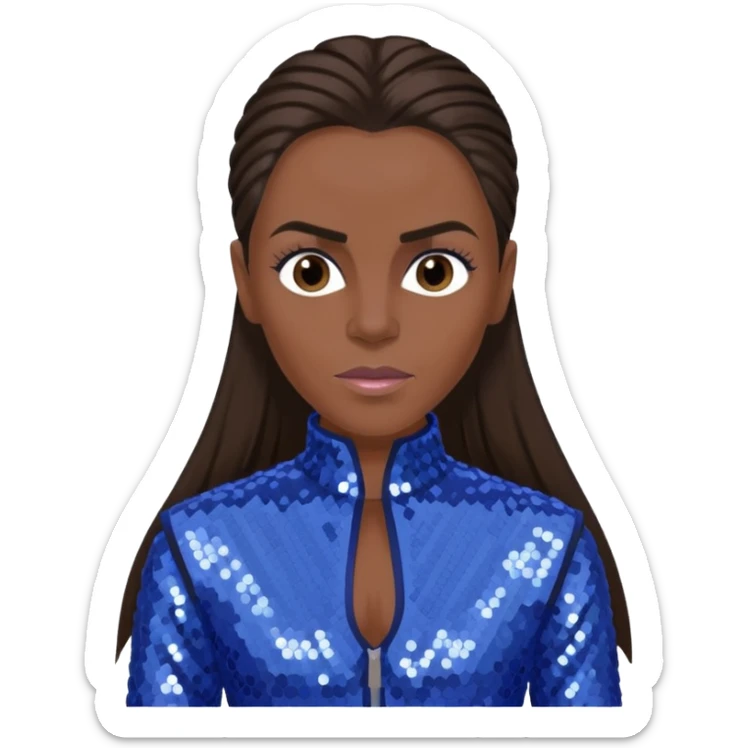 Mel C from Spice Girls with long dark brown ponytail hair, perwinkle sequin outfit sticker