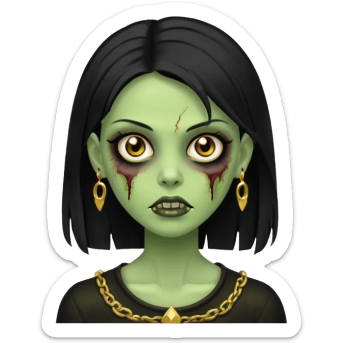 Faça uma zombie mulher bonita verde com olhos castanhos cabelos pretos liso com estilo y2k e ouro sticker