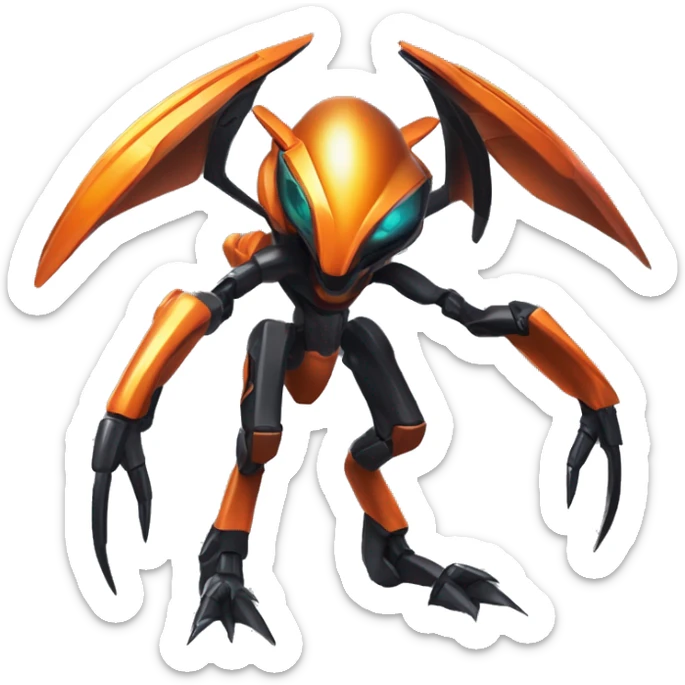 a shiny metallic black-orange Genesect-Flygon-Raptor-Fakémon-Medabot-hybrid with a futuristic visor-helmet full body sticker