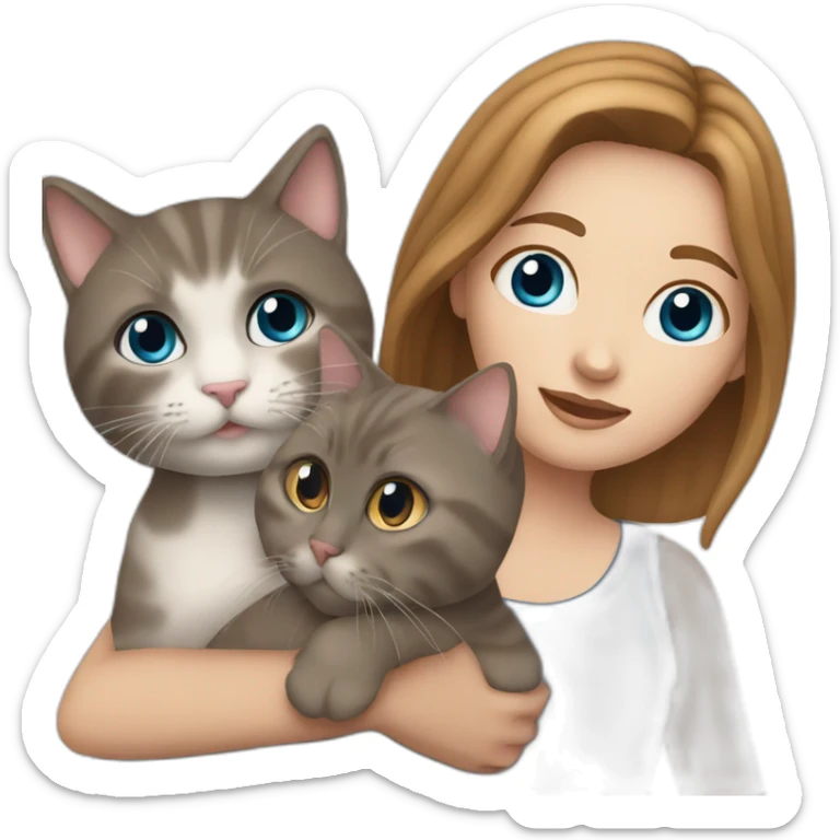 white girl with brown hair blue eyes holding 2 cats sticker