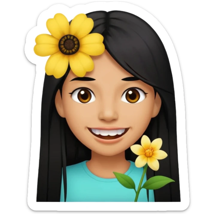 Woman with big teeth, a little tan and long straight black hairs with sticker