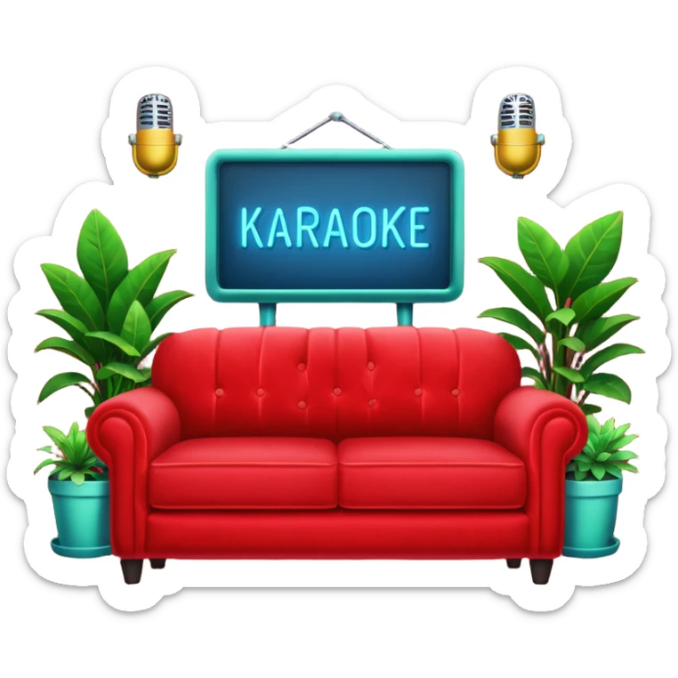 red velvet couch, mic in front, houseplants in back, and a neon sign saying "karaoke", and NO PEOPLE IN IT sticker