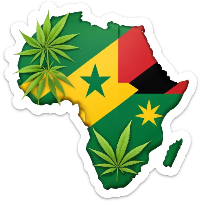 Map of Africa covered in the Zimbabwean flag sprouting marijuana leaves sticker
