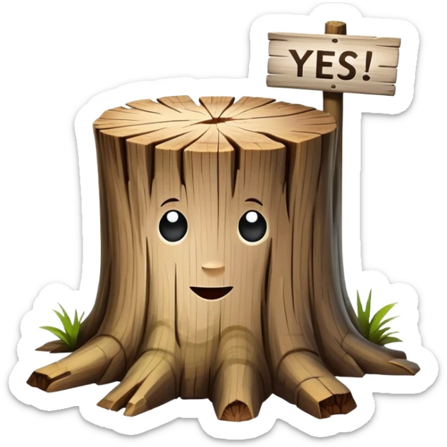 The stump holds a sign with the inscription yes sticker