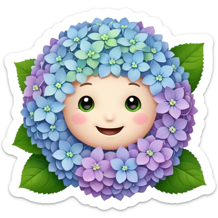 Adorable cute hydrangea flower with happy face, puffy round cluster of pastel colored tiny blooms, cheerful appearance, and cute little green leaves sticker
