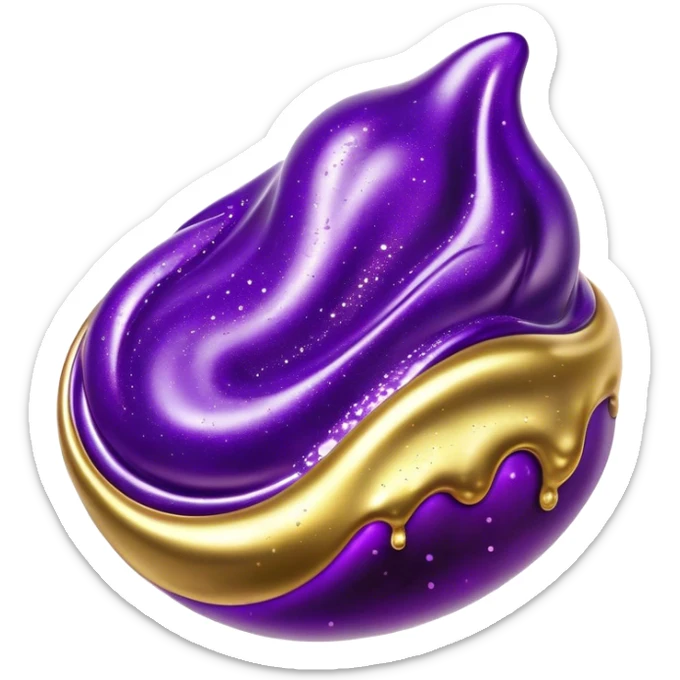 Cinematic Realistic Shiny Slime Mixed with Glitter, thick and glossy with swirling metallic flecks suspended inside, a dynamic mix of deep purple and golden sparkles, light catching every shimmer, flowing smoothly with realistic folds and ripples, glowing with an enchanting, almost liquid-metal effect. sticker