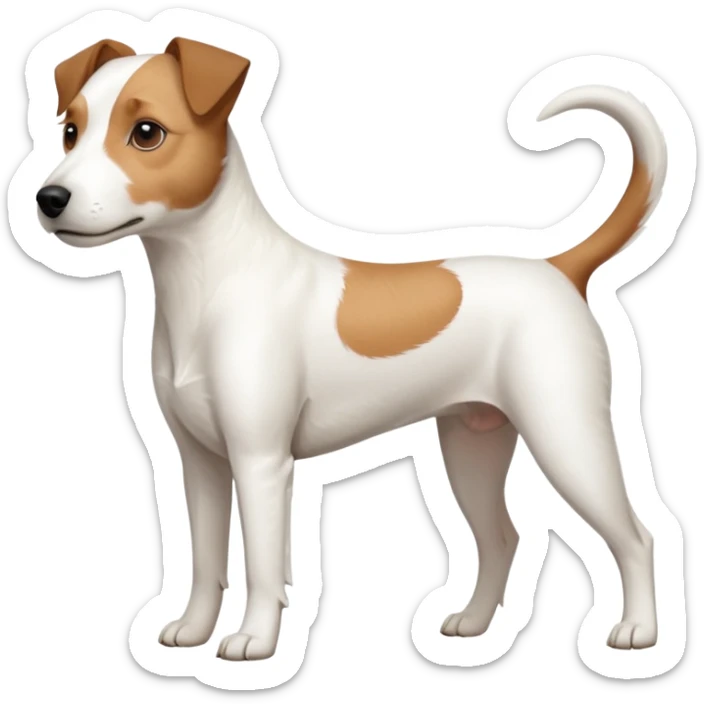 a full body slightly chubby white parson russell terrier looking dog the size of a kelpie with light brown long ears and a light brown patch on one eye and a large snout. the rest of the dog is completely white. forward facing sticker