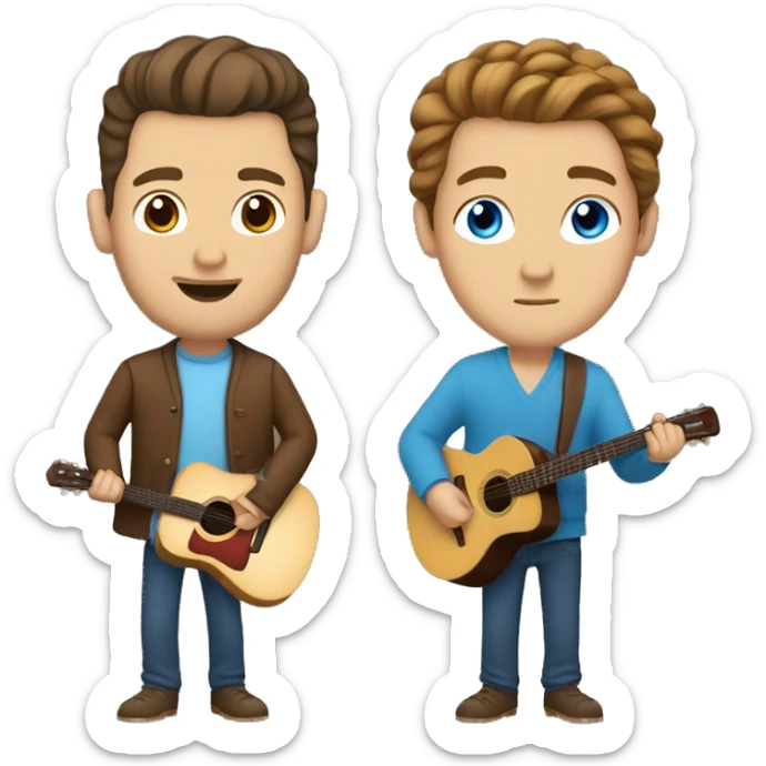 a white man with blue eyes man and brown hair an cardigan with a man bun playing guitar sticker