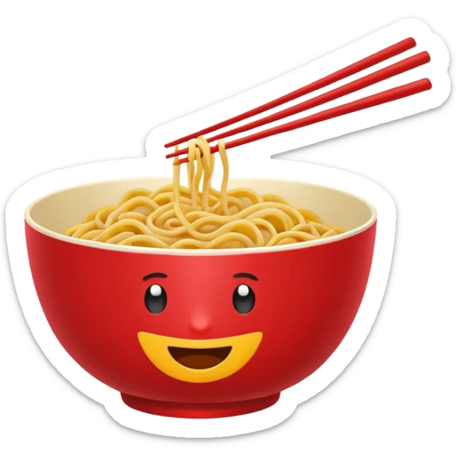 Chinese cuisine humanless avatar in bright emoji-style illustration. Noodles bowl, red and gold colors, simple shapes, flat design, bold and energetic. sticker