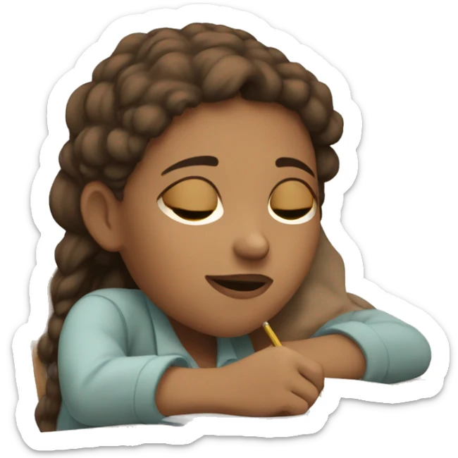 girl with fair skin, brown eyes, brown hair sleeping on homework sticker