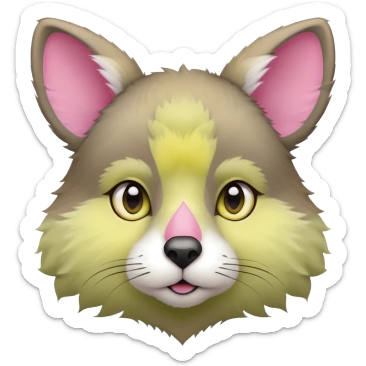 Round head with fluffy fur. Large greenish-yellow eyes with a dark outline. White muzzle and cheeks, pink nose. Gray and light brown fur on the forehead, blending into the ears. Triangular ears with pink inside. sticker