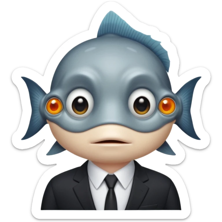 A fish man dressed in a black suit. Its face is grey fish. Just a fish. And The fish is facing upward. The fish’s neck connects smoothly with the collar of the suit. sticker